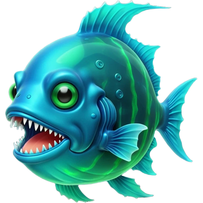 3D render of Anglerfish, bioluminescent deep sea style, glowing neon blue and green lights, dark background to contrast the glow, translucent organic textures, Apple emoji style, 3D render --v 6.0 emoji
