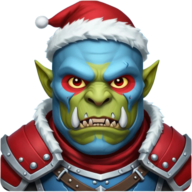 Fantasy Christmas orc legion soldier icon, iron tundra army theme, heavy winter armor, disciplined brutal look, dark icy steel armor with bold crimson cloth and markings, cold blue shadows, high contrast, clean emoji portrait style
 emoji