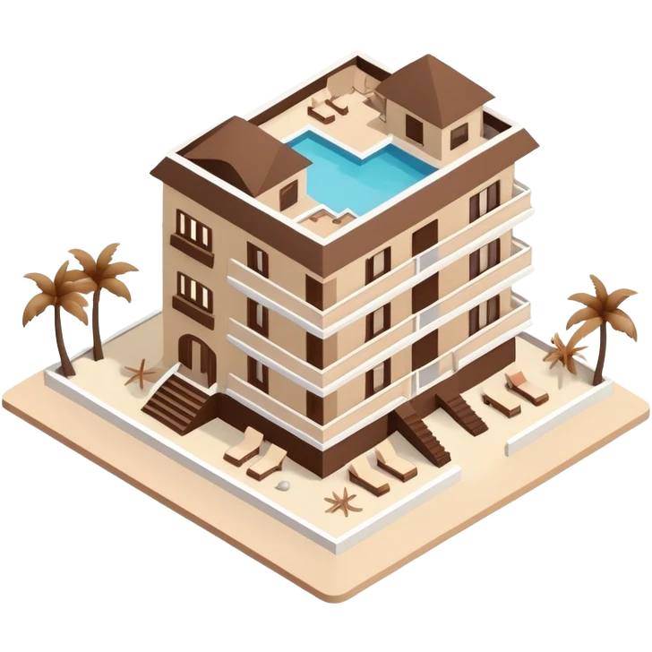 Isometric exterior brown and beige luxury beach resort hotel, dollhouse style 3D realistic  emoji