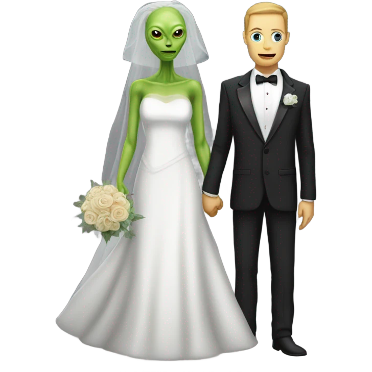 White humman man in a tuxedo holding, Alien reprilian woman in wedding dress, and one , hands getting married emoji