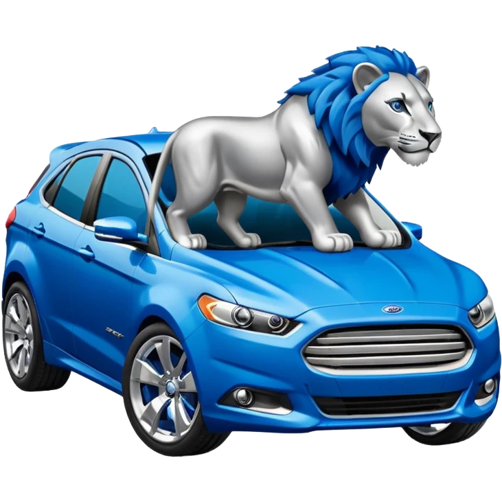 Stylized Ford car emoji with Detroit Lions branding, blue and silver paint, lion mascot on the side, energetic and dynamic look emoji