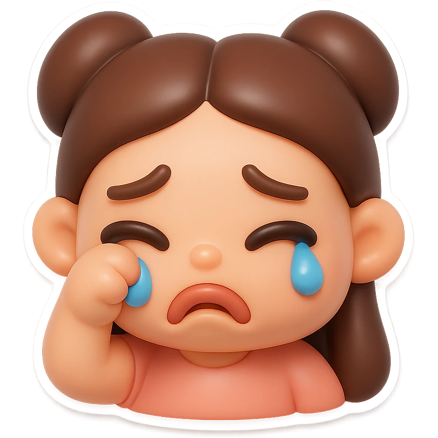 Create a vinyl figure style sticker of the girl from the reference image, crying with a pouty face, wiping away a tear, cute and expressive. emoji