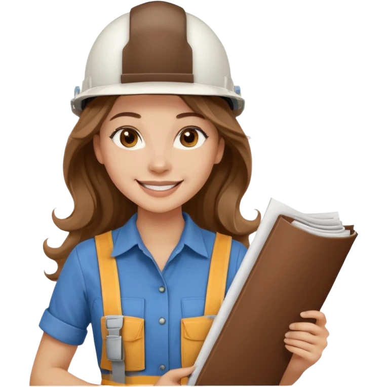 Waist-up female architect on white background. Long light brown wavy hair, middle part. Brown eyes, long lashes, smiling with braces. White helmet with BUT in brown. Holding rolled blueprints. Wearing chocolate Skims shirt in natural romantic style. emoji