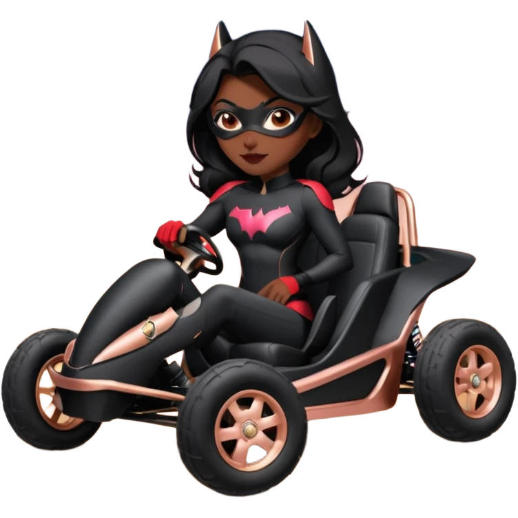 Hot full size real size-appearance electric racing action sexy BatWoman’s feminine midnight-colored tight outfit sixty’s tv show 1992 dark stealthy sporty safe plush petite off-road pursuit cruiser car rose gold accents (black hair,reclined and relaxed torso and shoulders seating position) go kart  emoji