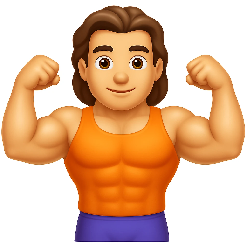 Create an emoji that looks exactly like the reference image in iOS emoji style. The emoji should have 3D appearance, shiny surface, smooth gradients, soft shadows, a muscular body, an expressive face, and hair. Add a subtle highlight to the arms while keeping the iOS emoji style. emoji