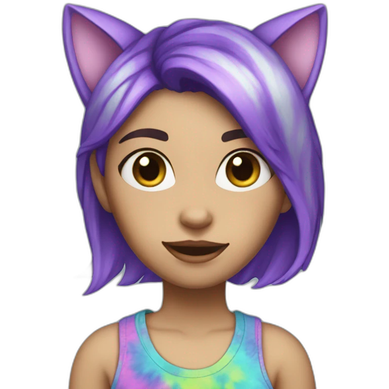 white girl with purple hair and cat ears and a blue-green tye dye shirt emoji