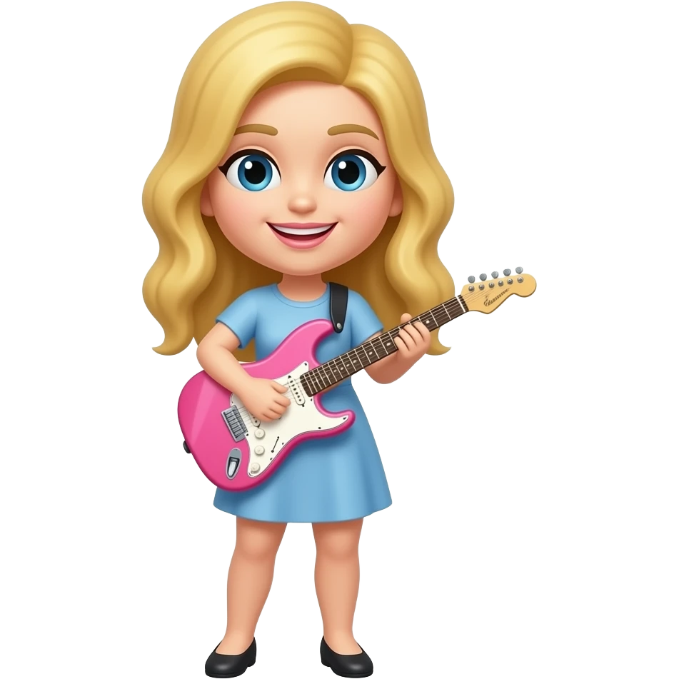 Old iOS 18 style emoji of a blonde woman with long hair playing a pink guitar. emoji