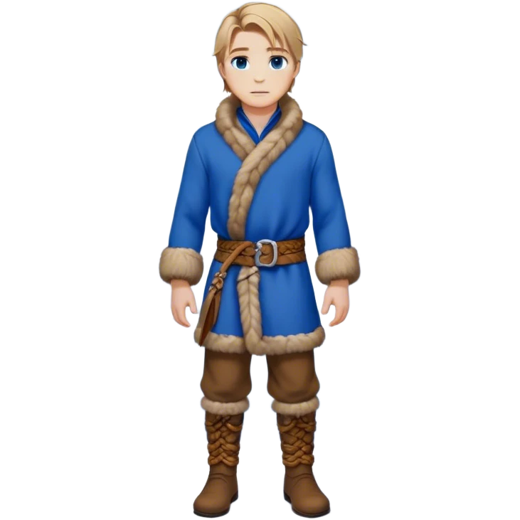 Medieval winter outfit worn by a DnD themed fantasy male character. Double-thick russet wool tunic with mink fur trim, featuring carved wooden toggles and a wide braided leather belt. Clothes only above the waist, full waist coverage. The character has no arms. Character is white-skinned with dark blonde hair, sapphire blue eyes, and medium-length straight hair touched by winter frost. emoji