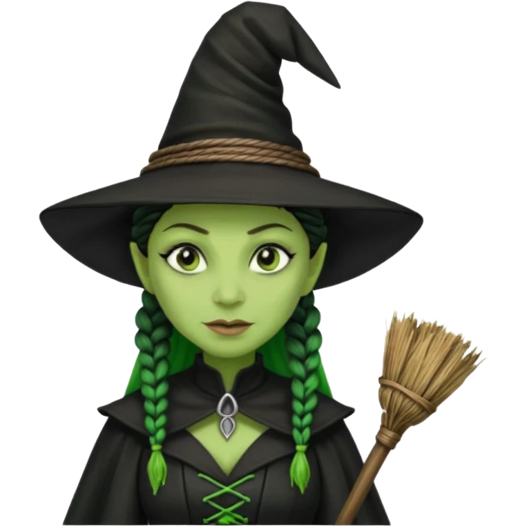 elphaba the wicked witch from wicked movie (cynthia erivo) microbraid hair, witch hat, broom emoji