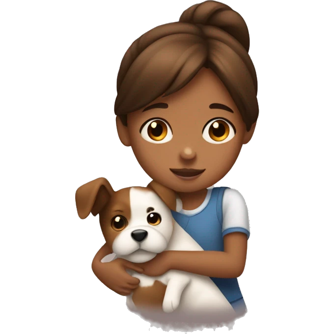 A little girl with brown hair and brown skin hugging a brown and white dog emoji