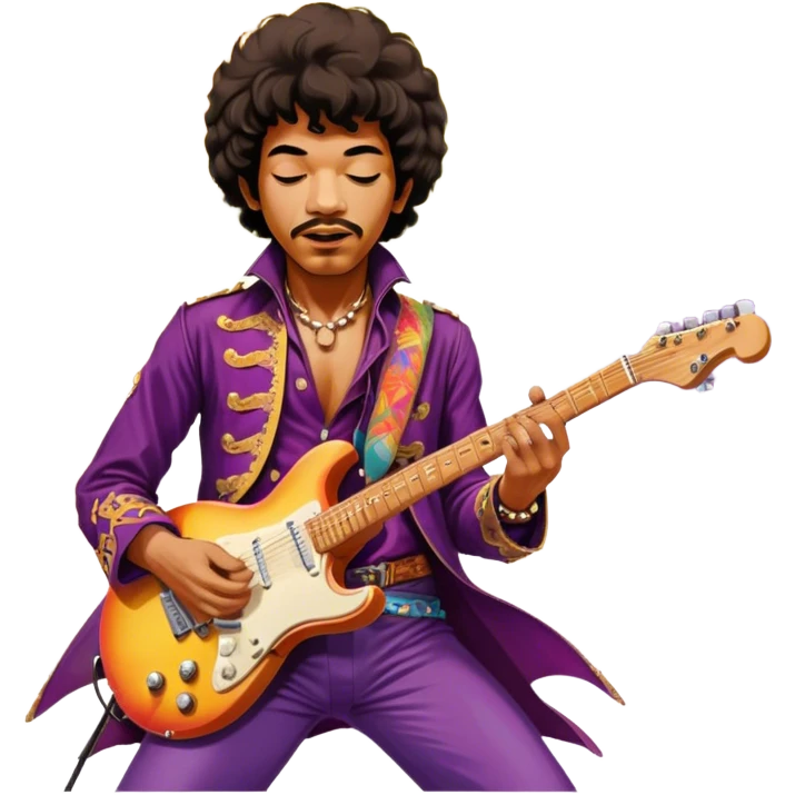 Icon for Rock Music: Jimi Hendrix playing his iconic guitar on stage, surrounded by his band. The design should capture the electrifying energy of his performance with vibrant lighting, swirling colors, and musical intensity. Transparent background. emoji