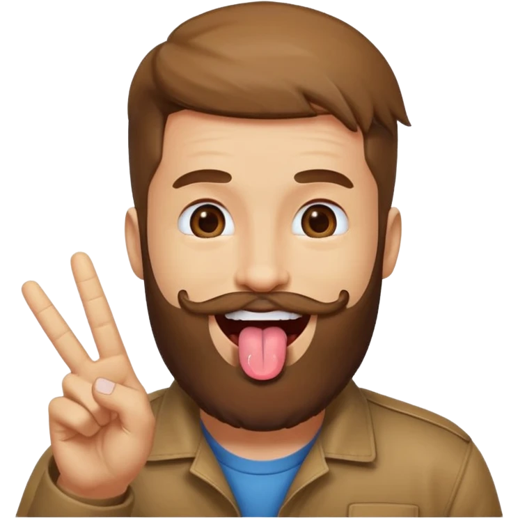 Man with beard sticking tongue out with peace sign up to tongue emoji