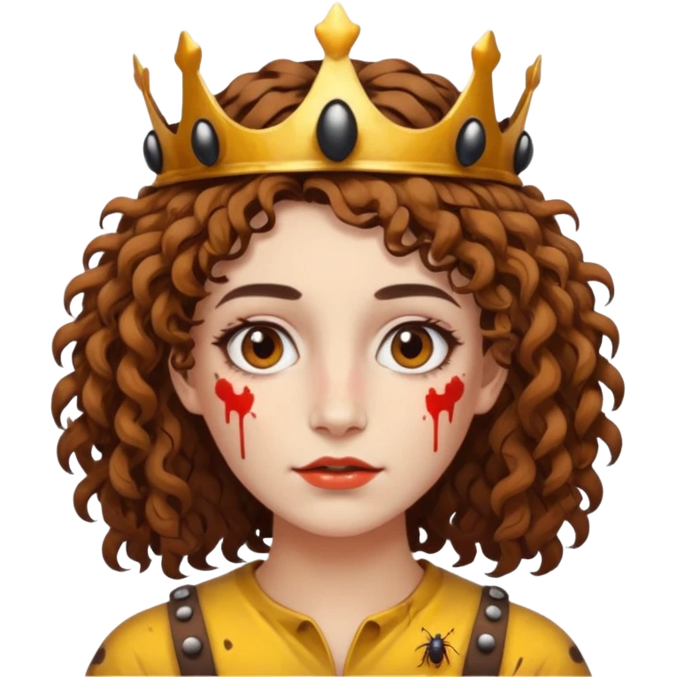 portrait woman short curly brown mullet hair brown eyes white skin with paint smeared cheeks and beetle crown emoji