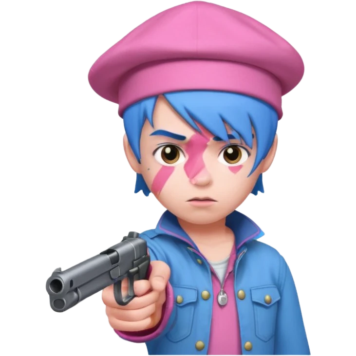 boy with pink skin, blue hair, wearing a hat, pointing a gun emoji