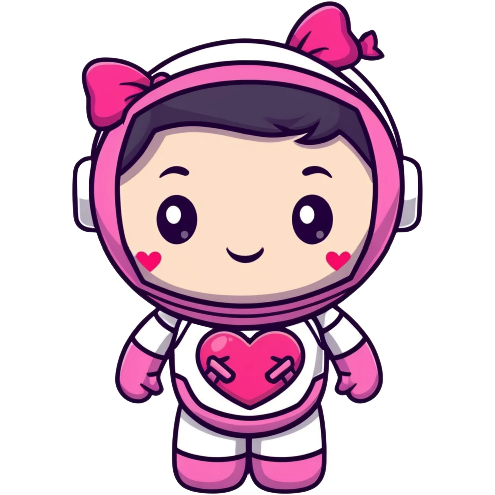 adorable pink robot girl with a hair bow and heart patterns emoji