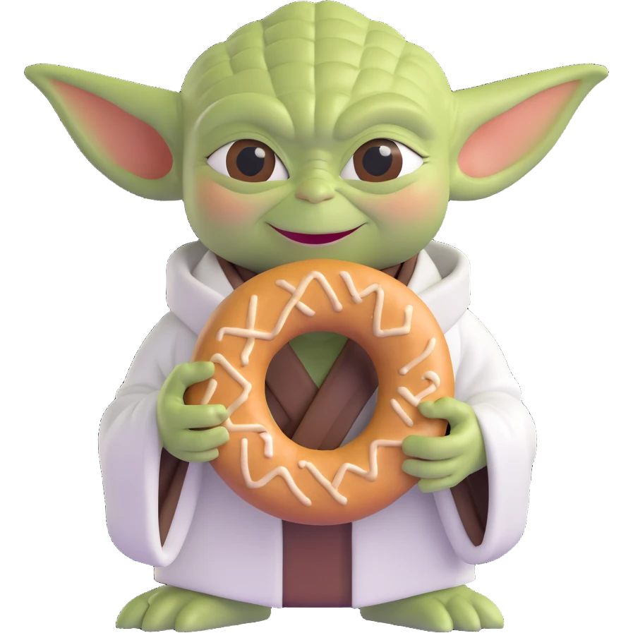 Yoda holding a simit with a smile, simple background emoji