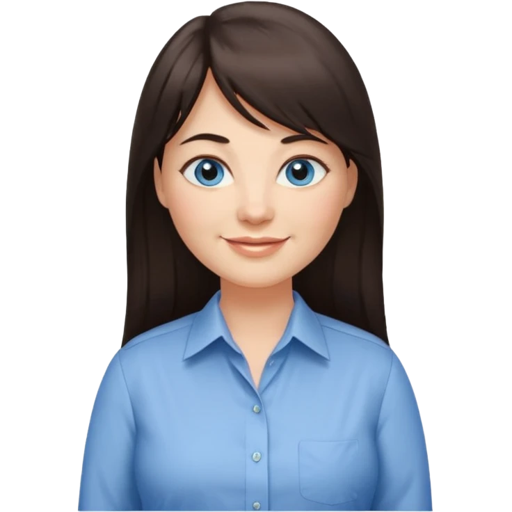 40 yr old woman, blue eyes, long straight dark brown hair, business shirt, chubby, bangs, long hair emoji