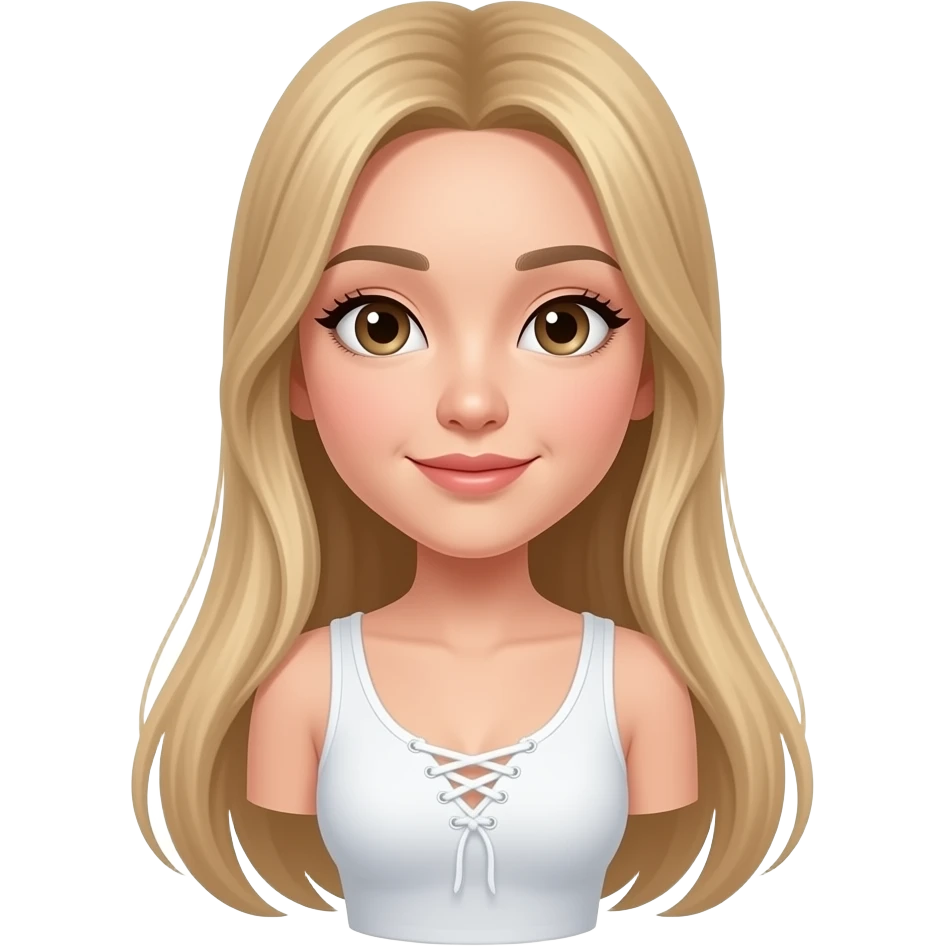 hyperrealist asian girl, long straight blonde hair, white v-neck laced crop tanktop, grey tight jean shorts, sneakers emoji