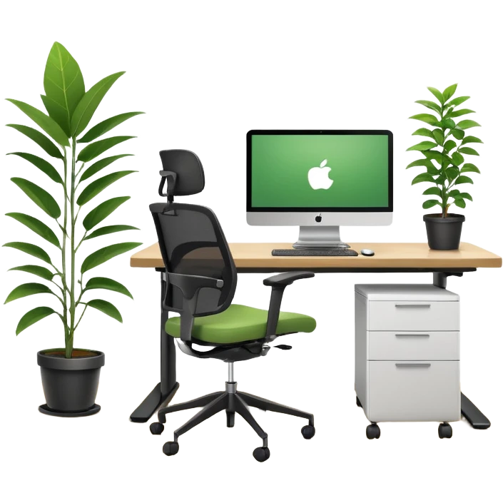 An ergonomic office setup with a height-adjustable desk and a large flat monitor on top. Next to it, a modern ergonomic swivel chair with supportive backrest, and a small potted plant placed on the desk or floor to add a healthy touch emoji