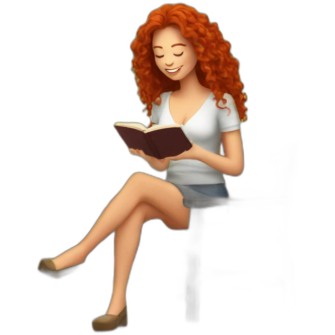 woman with long curly red hair reading a book with a glass of wine in a park emoji