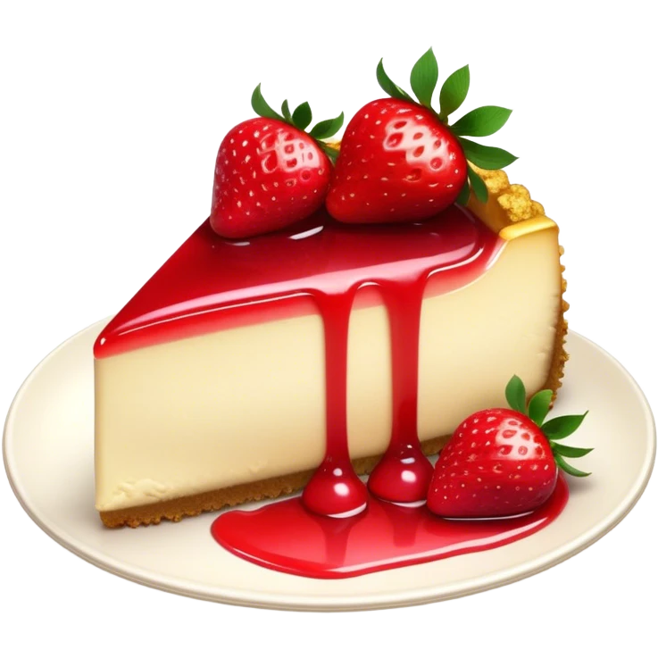 Cinematic creamy cheesecake, smooth and velvety, topped with fresh strawberries and a glossy fruit glaze, golden crumbly crust, beautifully plated, soft glowing background, indulgent and elegant. emoji