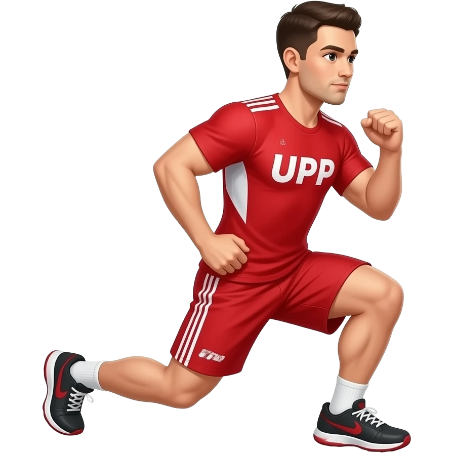 guy-wearing- red-workout-top-and-red-shorts-doing-lunge-with-"UPP" written on both shirt and shorts/thigh- emoji