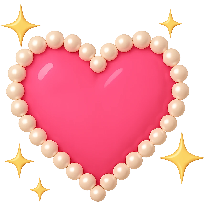 Create a pink heart with pearls in an emoji style. Add sparkles around the heart. The image should have no background. The style should resemble emoji style with bright colors and simple shapes. emoji
