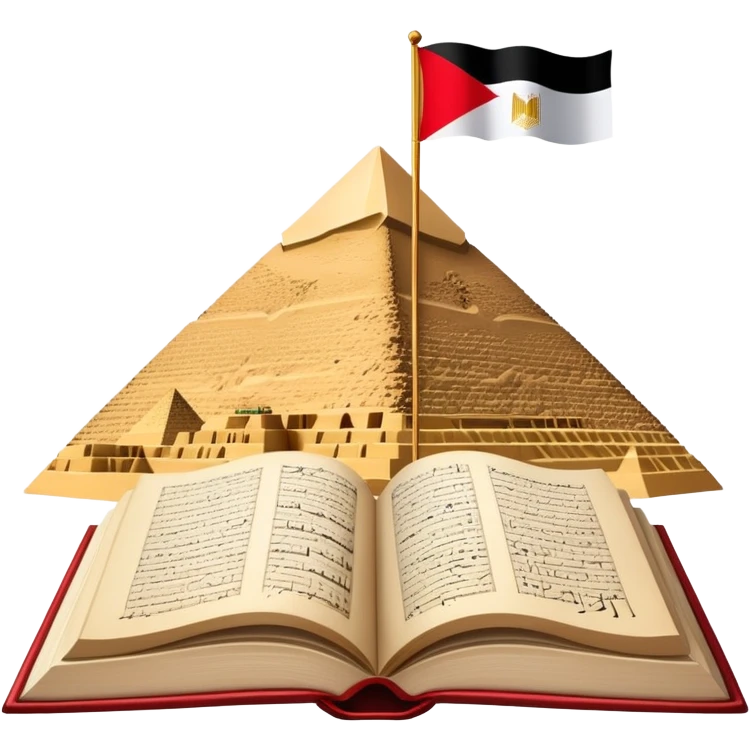 An icon featuring the Pyramids of Giza and the flag of an Arabic-speaking country, symbolizing the Arabic language. The design includes an open book with Arabic script and calligraphy, representing language learning and cultural heritage. Transparent background emoji