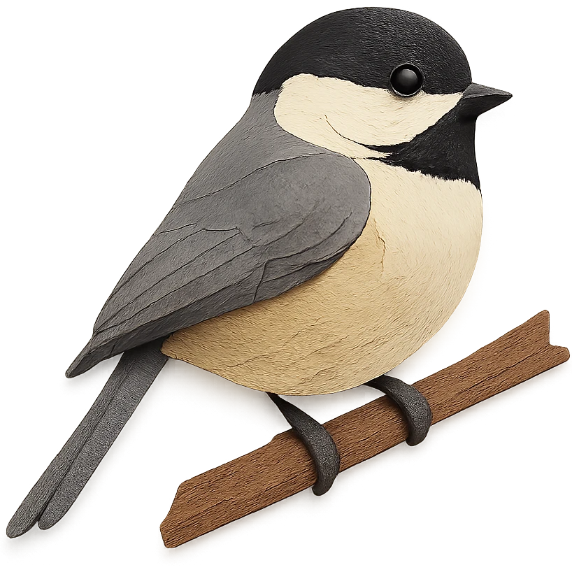 close-up of a Carolina Chickadee perched on a tree branch, fine paper edges, gray back, white cheeks, buff flanks emoji