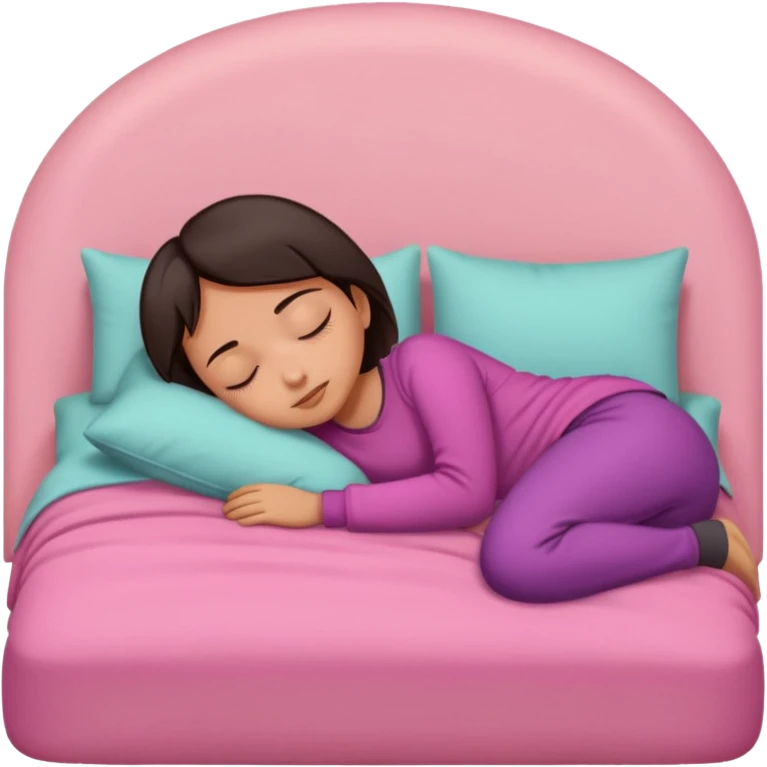Tan girl with short dark hair sleeping on a comfy pink bed emoji