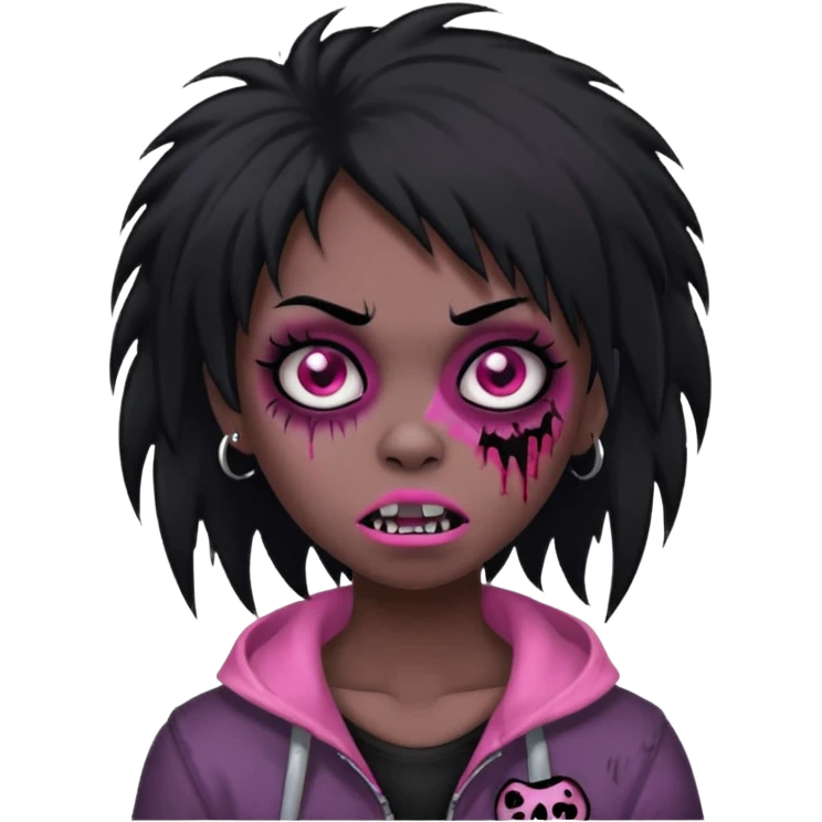 girl, zombie, black coily hair, medium long, emo, shaggy, dark, spooky, piercing on eyebrow, pink teeth, creepy blank expression emoji