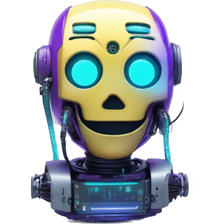 Smily face robotic scanning device, cyberpunk, cyan and purple colors, friendly, futuristic, binary code emoji