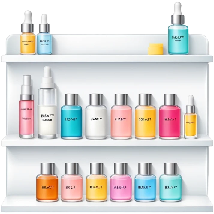 big long white shelf with one serum bottle labeled beauty brand and big sticky note emoji