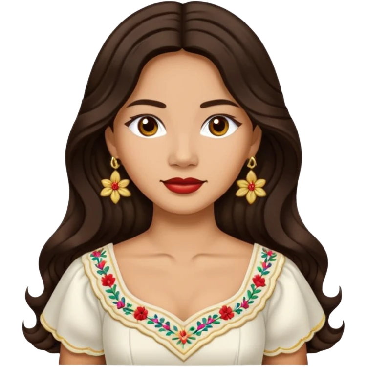 Tan Filipino woman with long dark wavy hair parted in the middle wearing a traditional filipiniana emoji