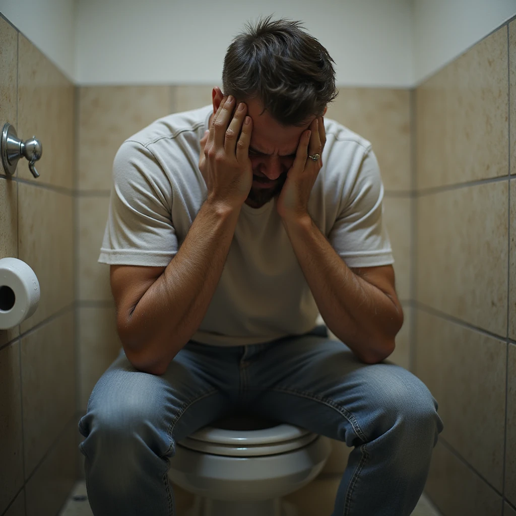 realistic hyper-detailed 4K image of a man in bathroom sitting on toilet, face contracted in pain, sweating, casual clothes, realistic environment emoji