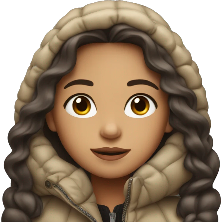 cute, light skin, long haired brunette in an oversized puffer coat emoji