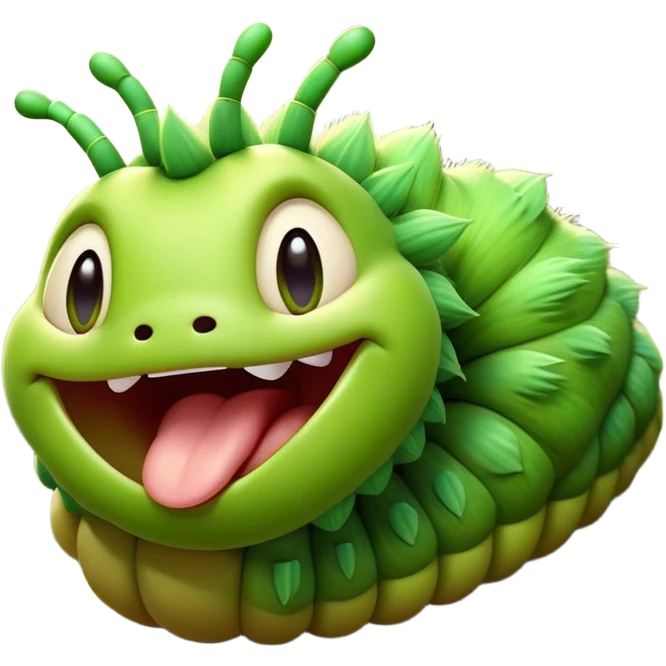 Cinematic Realistic Cute Yawning Caterpillar Portrait Emoji, Head tilted slightly with a dramatic, wide-open yawn, showcasing a soft, downy segmented body in vivid green with subtle drooping and half-closed, drowsy eyes, rendered with intricate natural texture and gentle shadows, high shine, relaxed yet expressive, styled with a dash of woodland charm, soft glowing outline, capturing the essence of a sleepy yet affectionate caterpillar that appears ready to stretch out and rest among the leaves! emoji