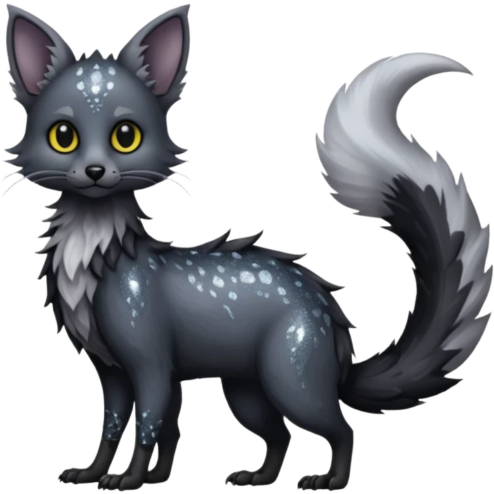 Feral Rare Fantasy Darkg gothic spooky  sparkly shiny Vernid-Trico-species by LiLaiRa, random markings, tufted tail, tufted ears, full body emoji