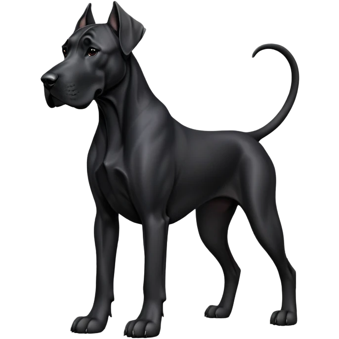 cinematic-[black great dane]-realistic-full-body-sitting-emoji,-tail-resting-loosely-beside-its-paws,-head-tilted-dramatically, ears drooped, -sleek-[black]-fur,-simplified-yet-realistic-focused-features,-highly-detailed,-glowing-with-an-almost-sarcastic-glow emoji