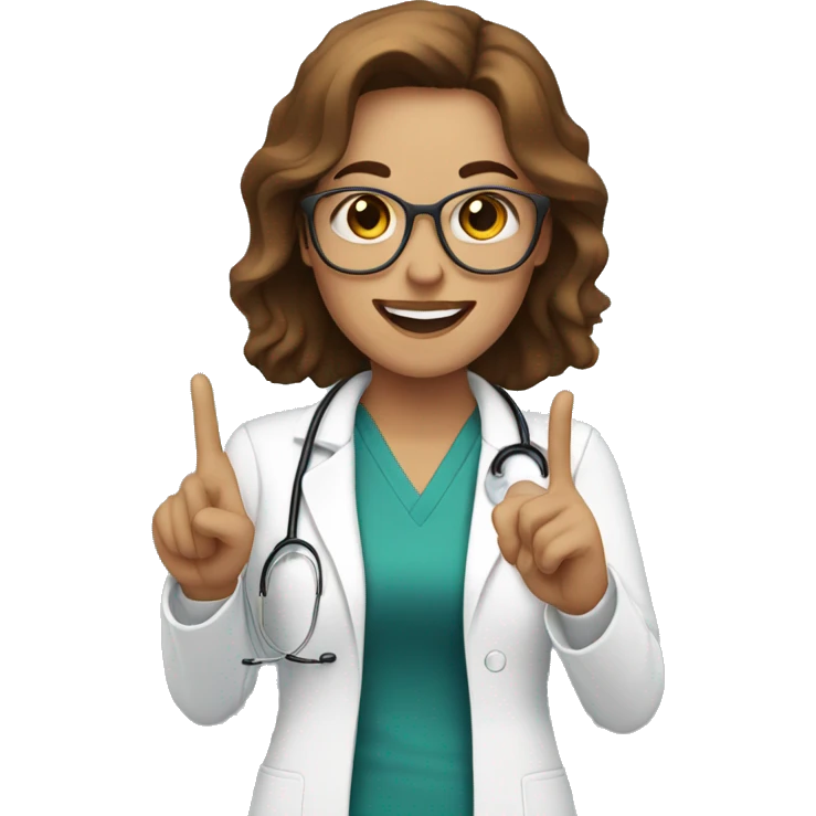white Woman with brown hair doctor smiling and doing a peace sign emoji