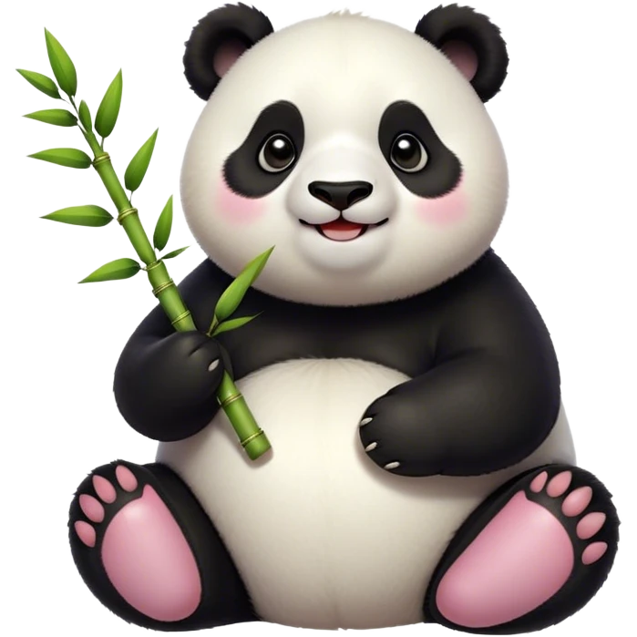 Cinematic smiling chubby panda, fluffy black and white fur, round rosy cheeks, tiny paws holding a bamboo shoot, sparkling eyes full of joy, soft glowing background, irresistibly huggable. emoji