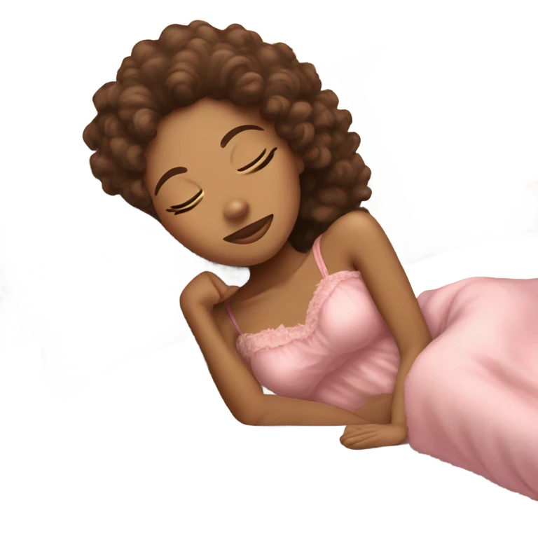 pretty tan girl with brown curly hair in a pink nightgown sleeping on fluffy white pillows emoji