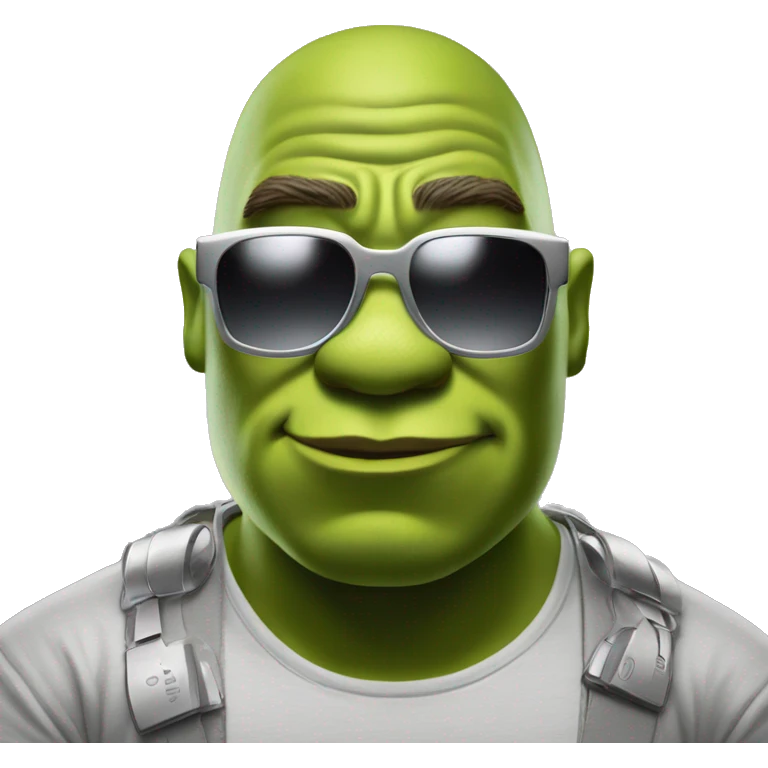 shrek very serious being a dj, wearing sunglasses with the lenses of the glasses all silver emoji