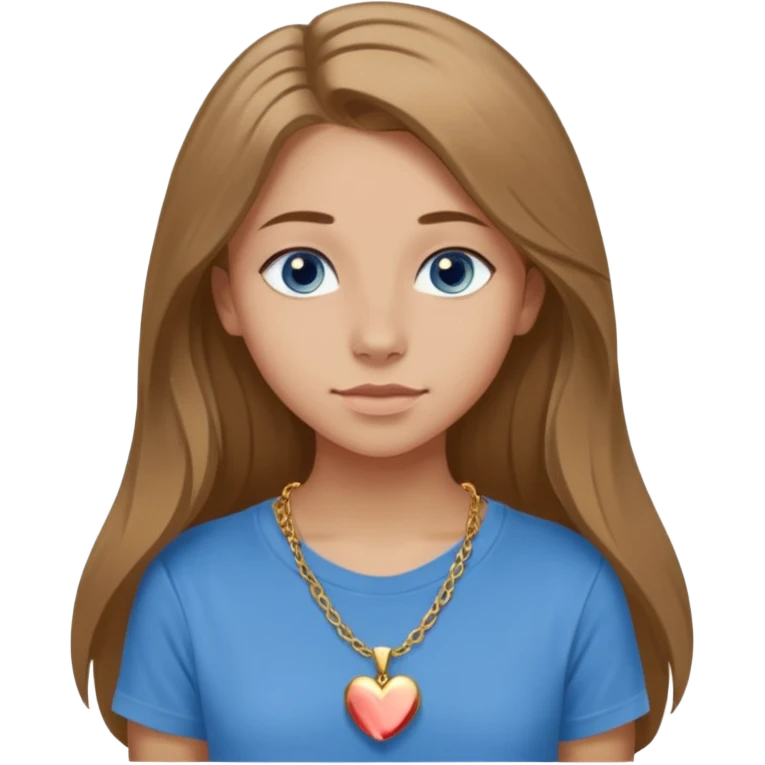 A 16-year-old girl with long, light brown hair and blue eyes. She also has slightly tanned skin, a small nose, and average-sized lips (though her lower lip is slightly larger than her upper lip). She's wearing a taupe T-shirt with a round neck and a gold necklace with a small heart on it. emoji