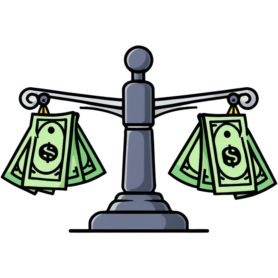 A balanced scale with money and dollar signs on one side and three colorful stars on the other side emoji