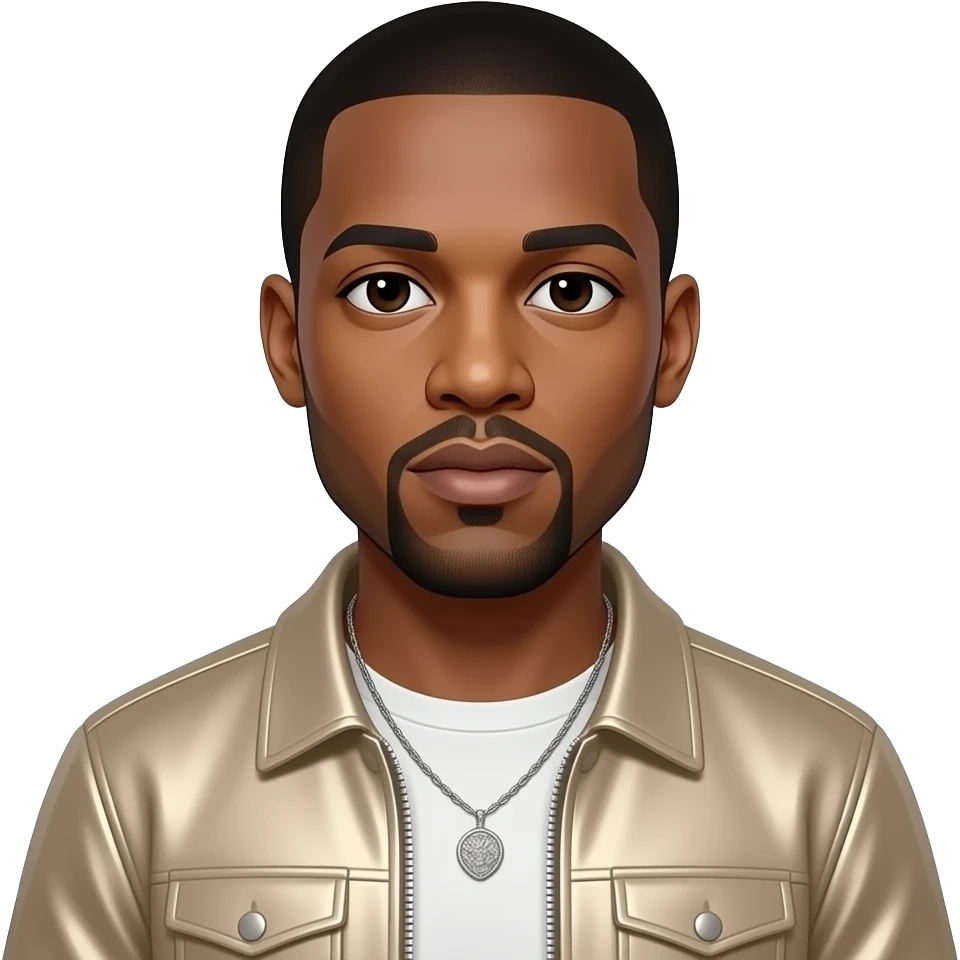 Kanye West with dark brown eyes, black buzz cut hair, beige metallic hip-hop outfit, necklace emoji