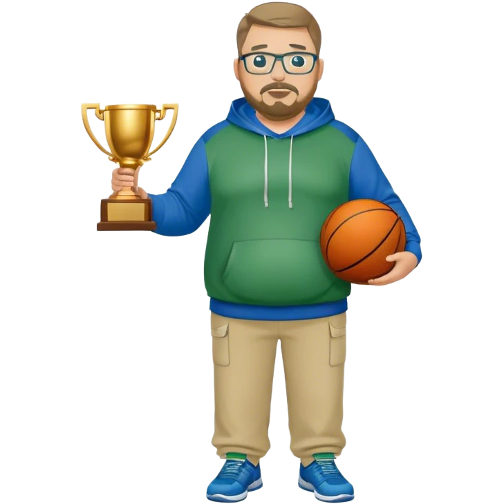  full body white obese male basketball coach with trophy. Goatee , Wearing glasses and blue and green hoodie and khaki pants emoji