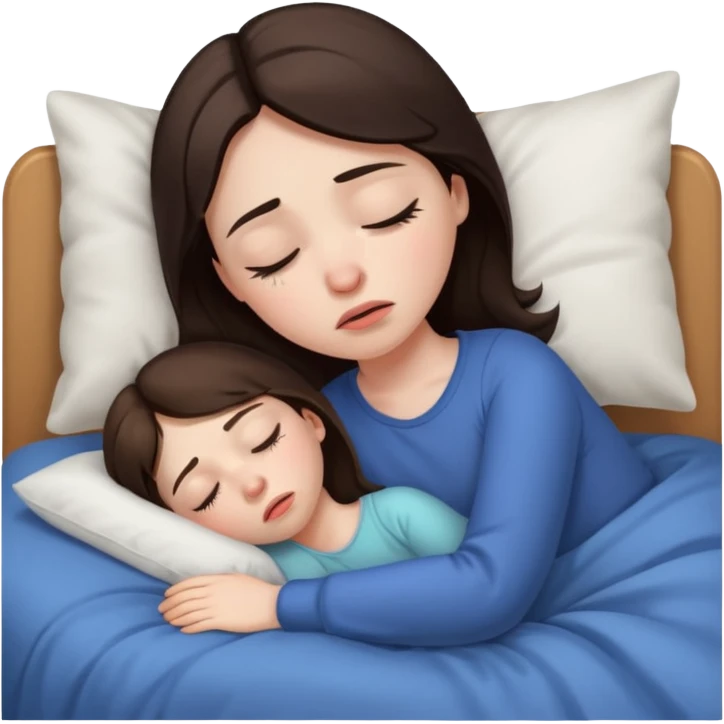 generate a girl brunette sleeping in bed. Looking upset emoji