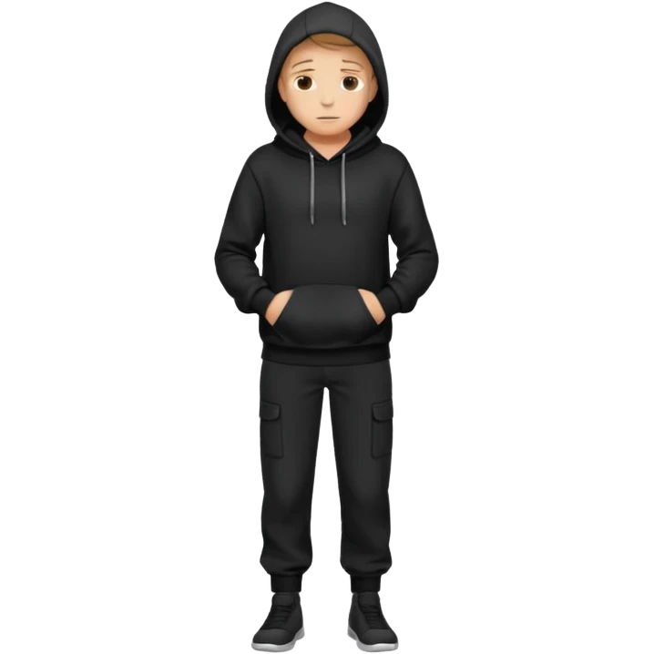 fullbody Mysterious shy caucasian man in black hoodie, hands in pockets and black pants emoji