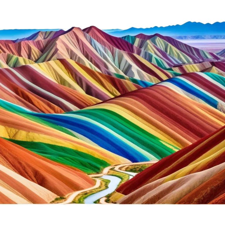 Rainbow Mountains Zhangye Danxia colorful striped hills, simplified emoji style with bold outlines and bright colors, cartoon style multicolored mountain ridges emoji